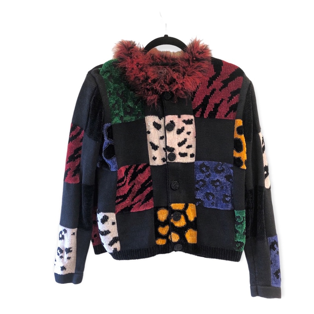 Funky Eclectic Patchwork Sweater w/ Beaded Buttons Bright Pattern Faux Fur